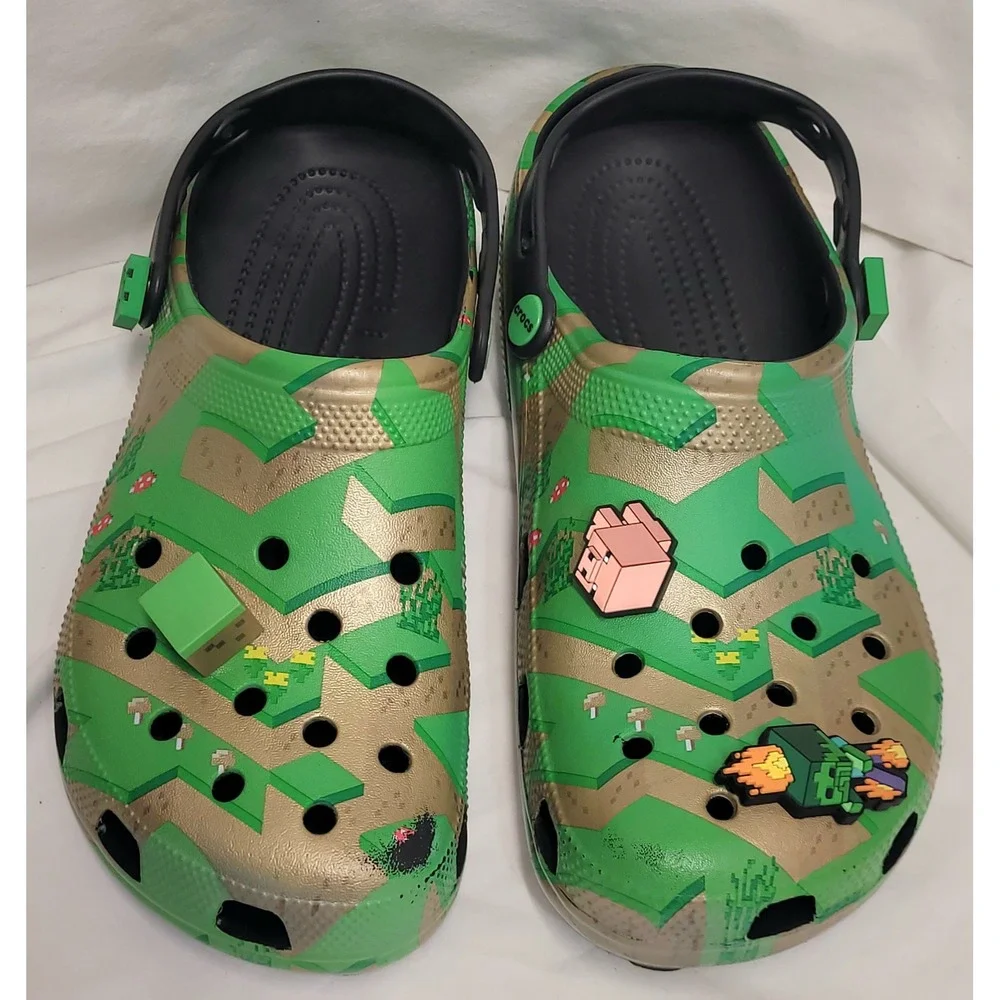 Crocs Minecraft Classic Clog Green Multi Video Game Mens Size 11 Jibbitz Charms